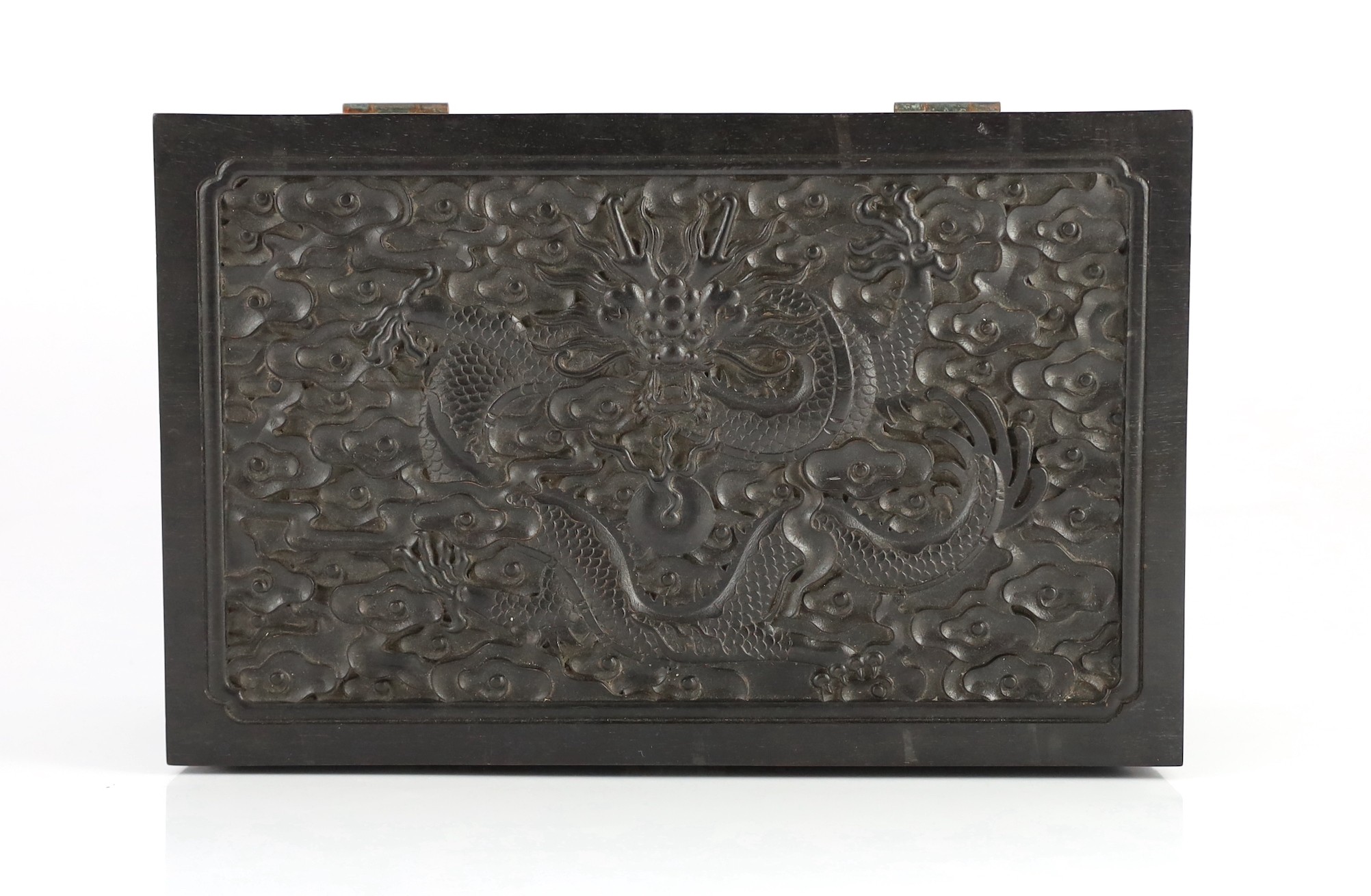 A Chinese hardwood 'dragon' box, possibly zitan, late 19th/early 20th century, 34cm wide